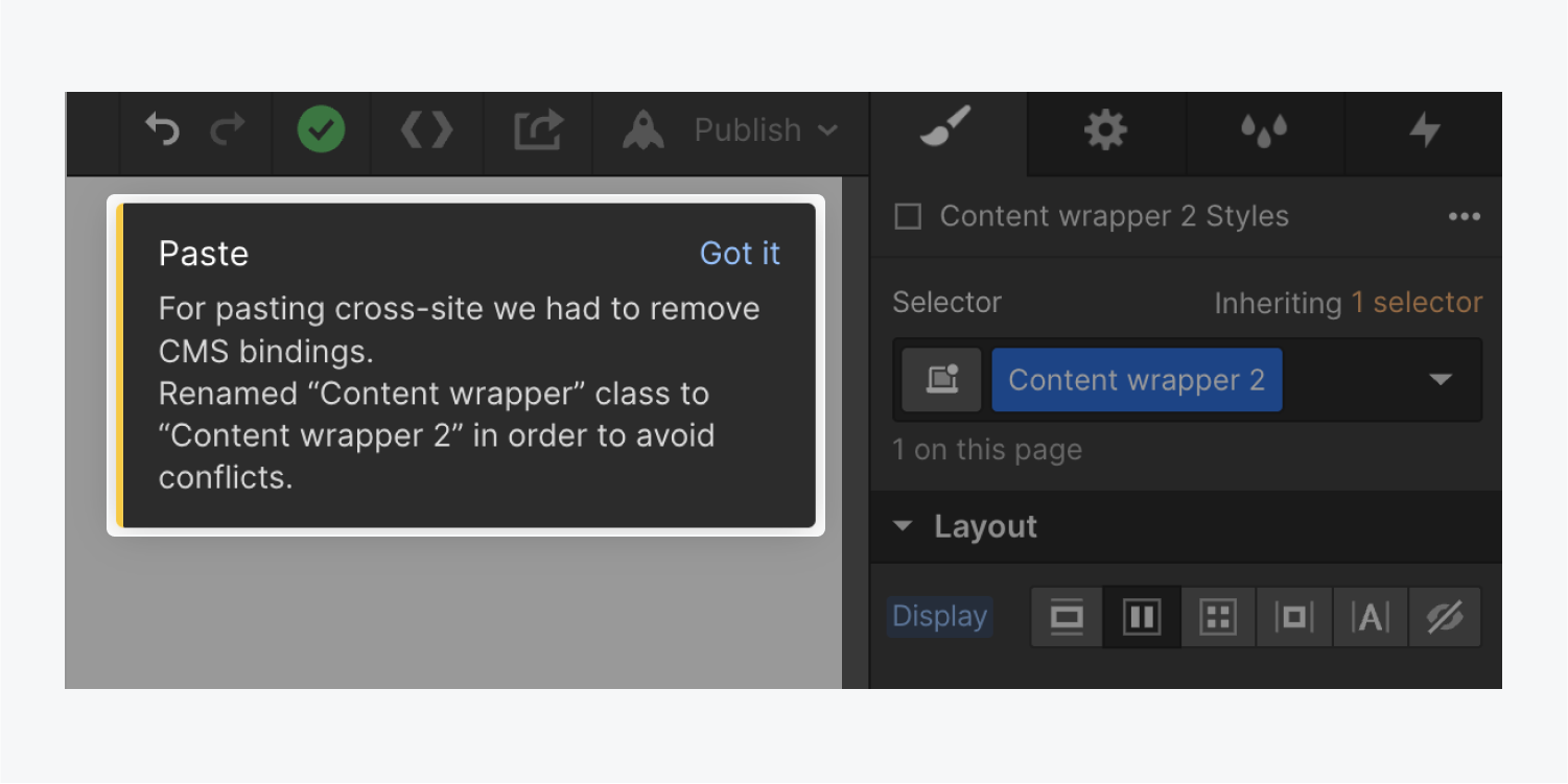 An alert in the Designer that reads: “Renamed ‘Content wrapper’ class to ‘Content wrapper 2’ in order to avoid conflicts.” 