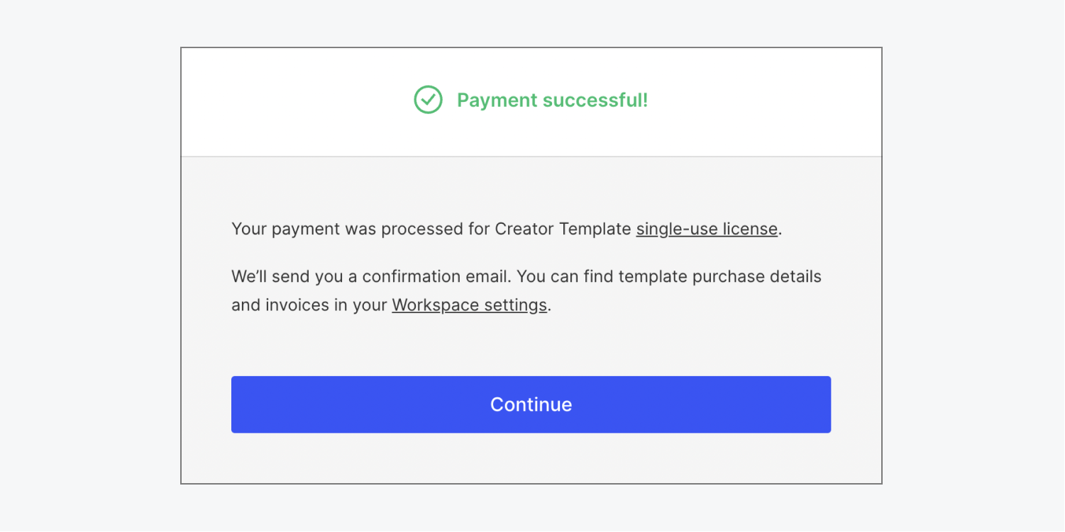 The “Payment successful” modal says that payment was processed and that a confirmation email will be sent. It also says that you can find template purchase details and invoices in your Workspace settings.