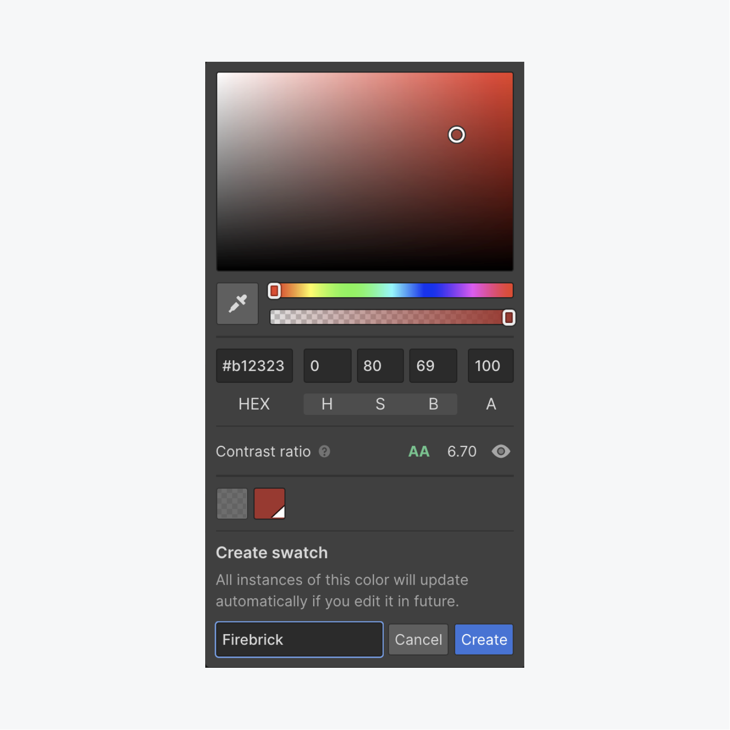 You can create swatches of colors you'd like to reuse throughout your project. Open the color picker, choose your color, click the plus icon, give your swatch a name, and press Create to save your swatch. 