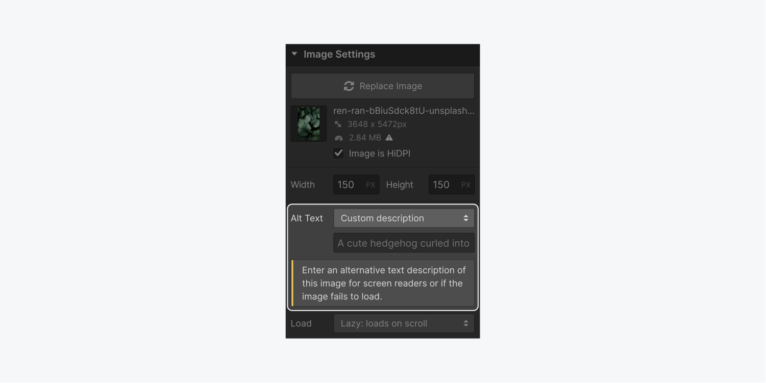 The Alt Text area is highlighted on the Image settings panel. A custom description has been selected from the drop down menu.