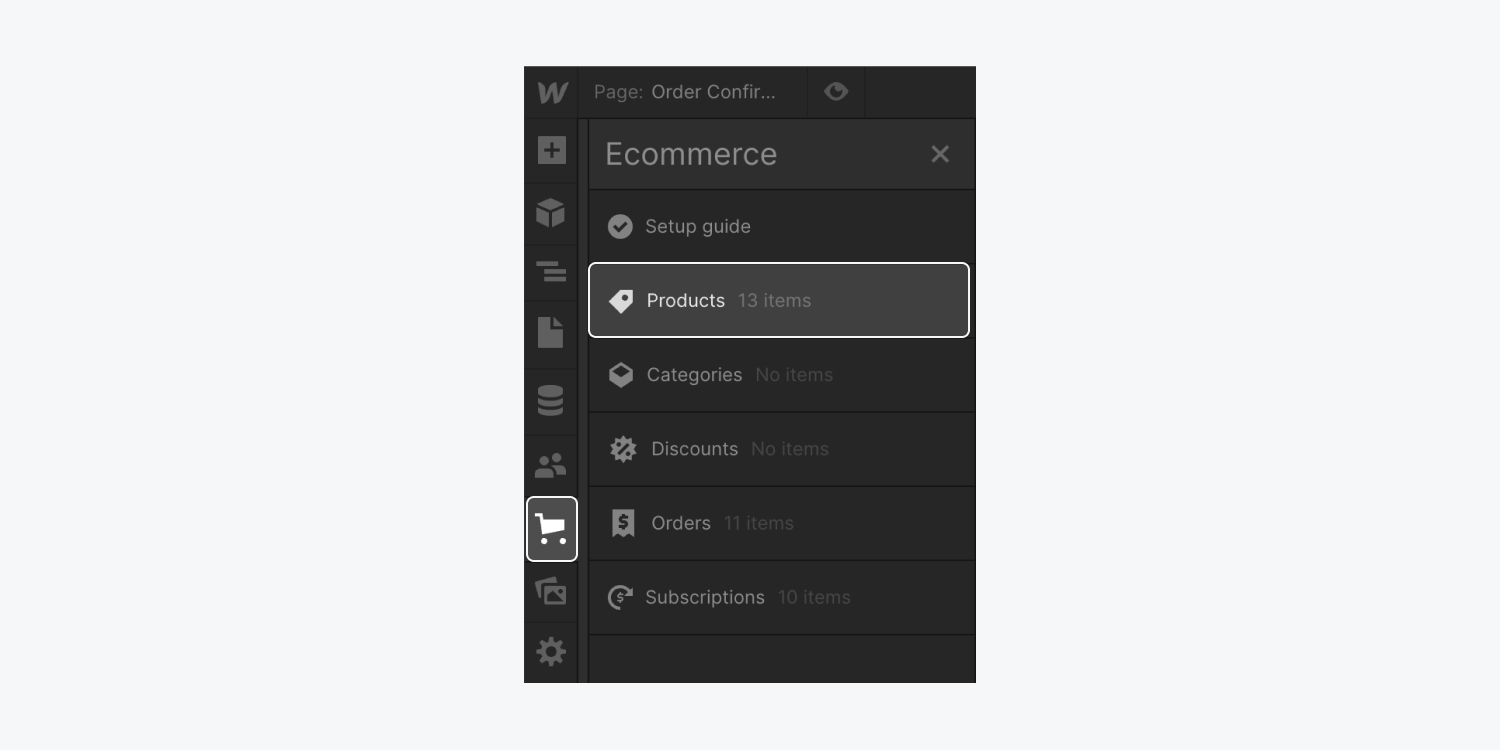 The Ecommerce cart icon is highlighted in the left panel, and the Products option in the Ecommerce section is highlighted.