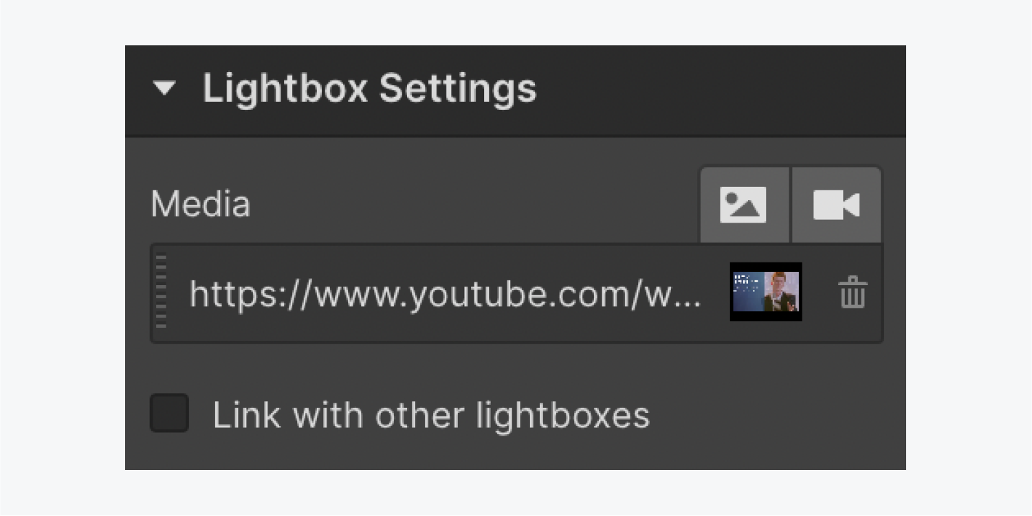 Lightbox settings with an example video URL in the Media field.