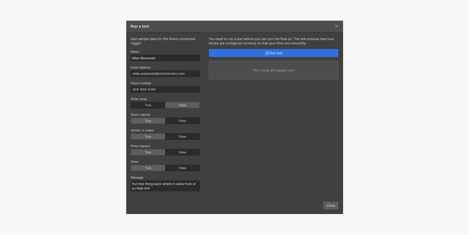 Sample test data for a form submission in the “Run a test” modal window. 