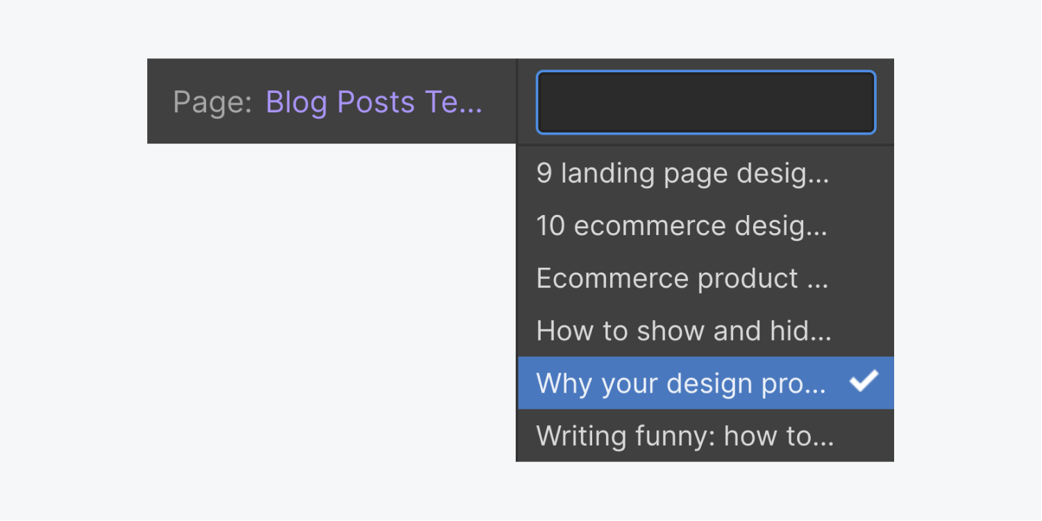 The blog posts template collection page displays a dropdown to select between 6 different pages.