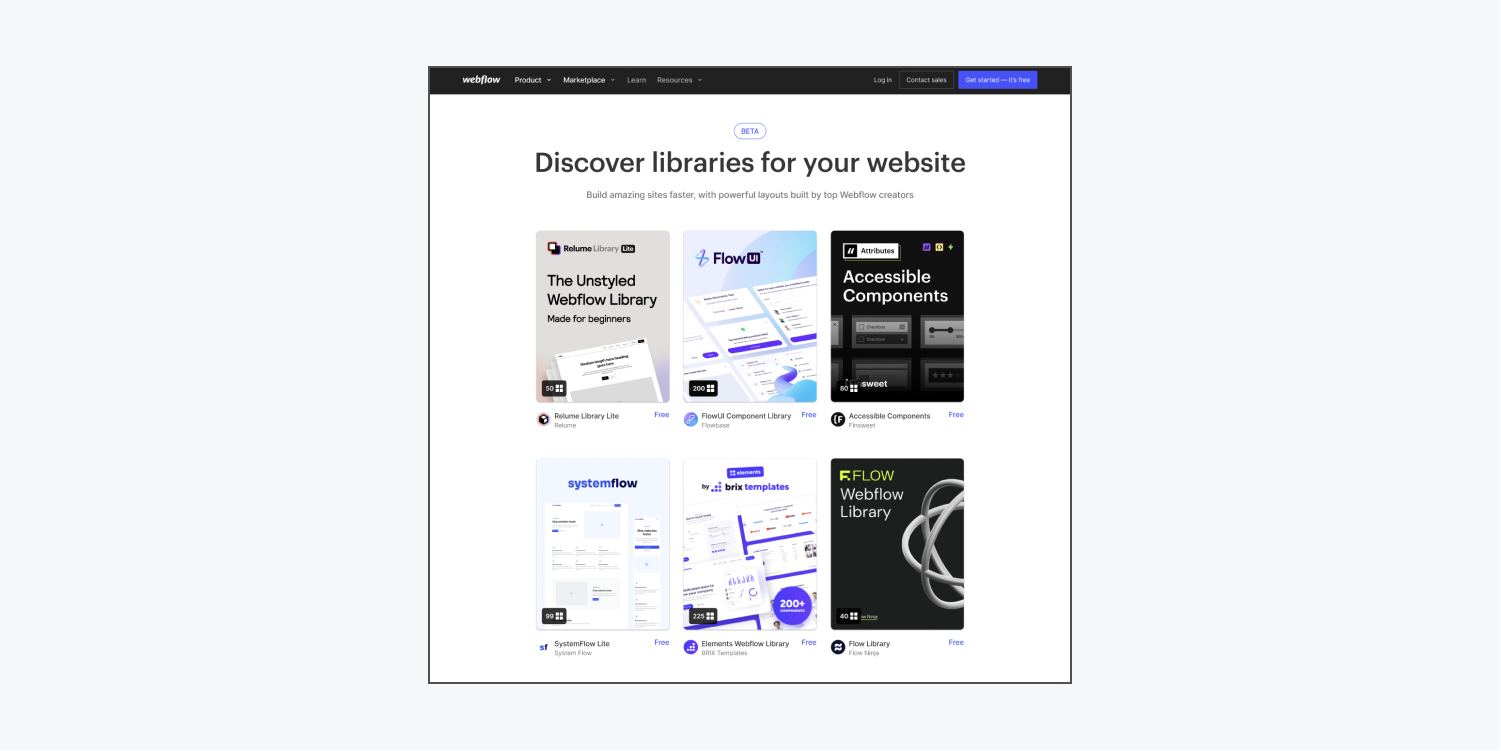 The Libraries homepage in the Webflow Marketplace.