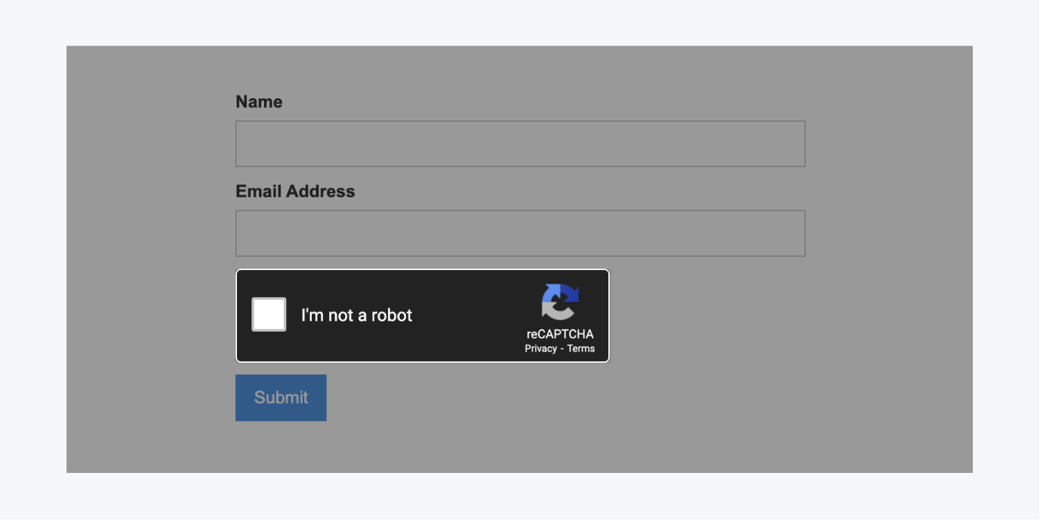 A dark theme reCAPTCHA is highlighted in a form.