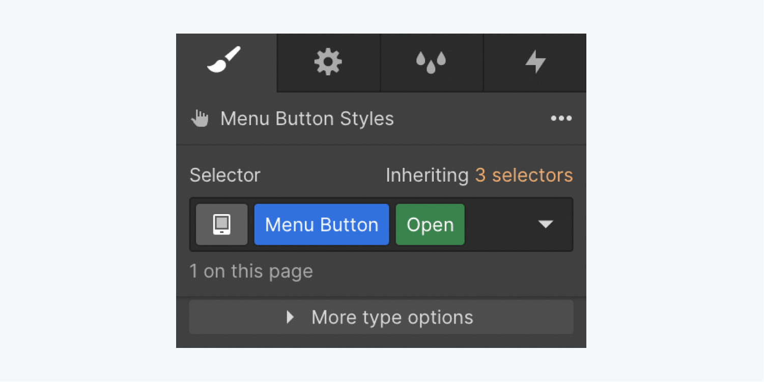 A “Menu button” class and an “Open” class appear in the Selector field of the Style panel.