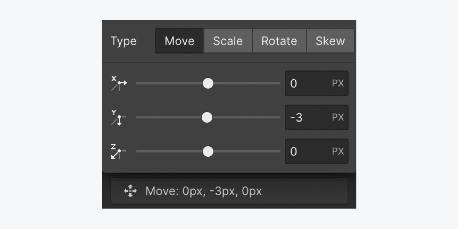 The Type is set to “Move” and the Y-axis is set to -3 pixels in the 2D & 3D Transforms section of the Effects section.