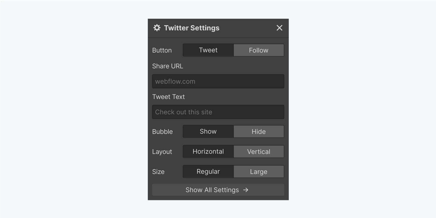 The Twitter settings panel displays two tab choices for the button, text input fields for both "share URL" and "tweet text". It also displays tabs options for Bubble, layout, size and a show all settings button.