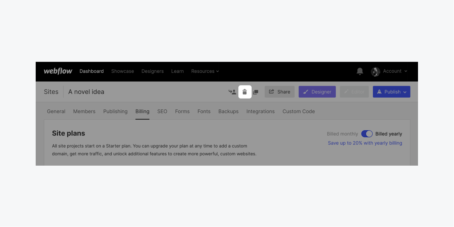 The trash icon is highlighted in the Billing tab of a site’s settings.
