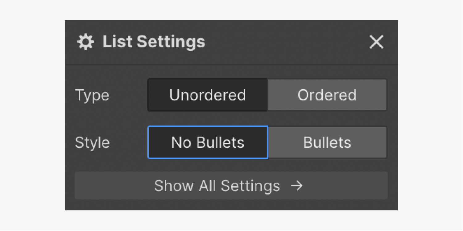 The No bullets Style is highlighted in the List settings.