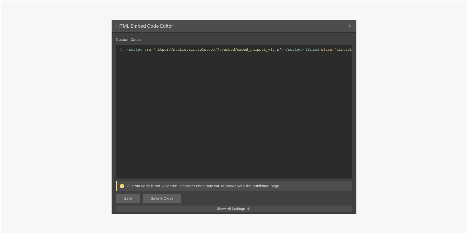 Webflows designer HTML embed code editor contains the code snippet from the Airtable spreadsheet.