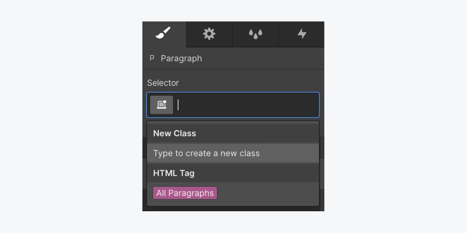 The Selector field is expanded to show the available All paragraphs tag.