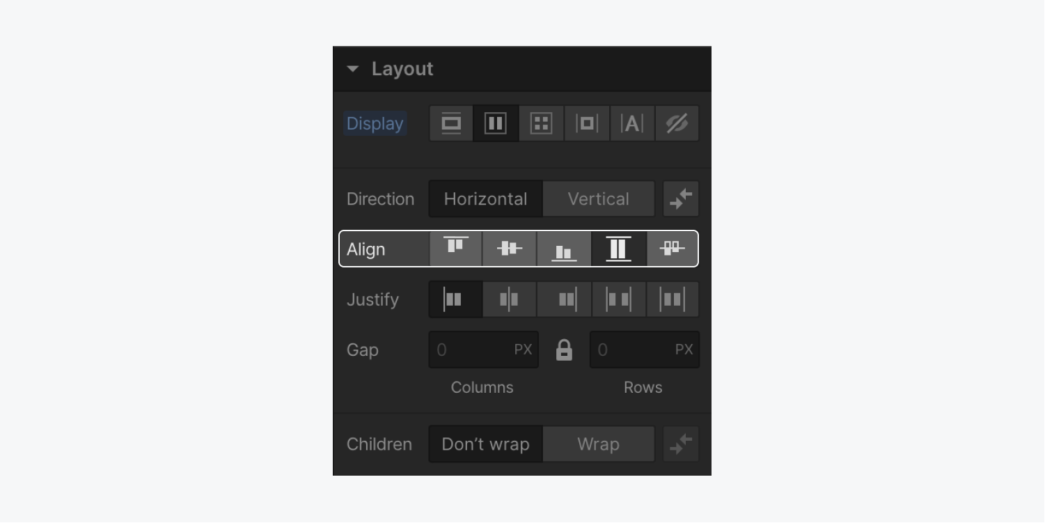 The flexbox vertical alignment options are highlighted in the Layout section of the Style panel.