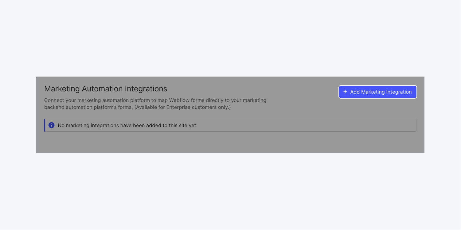 Webflow’s “Add marketing integration” button is highlighted in the Marketing automation integrations section of a team’s Integrations tab. 