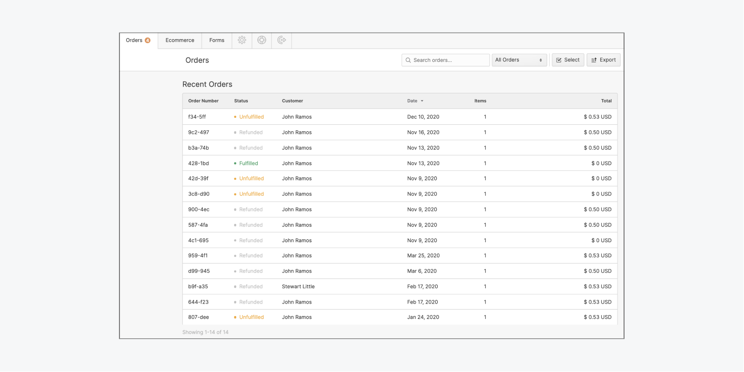 The Orders list in the Webflow Editor displays a list of your most recent orders along with each order's status, customer, date, the number of items purchased, and the total paid. 