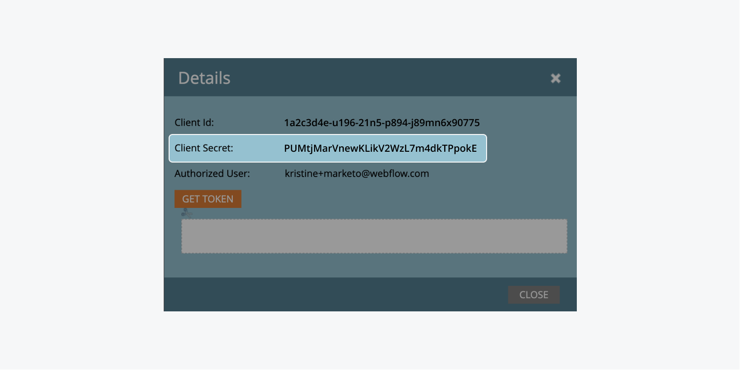 Marketo’s “Details” modal of an installed service shows the “Client Secret” highlighted. 