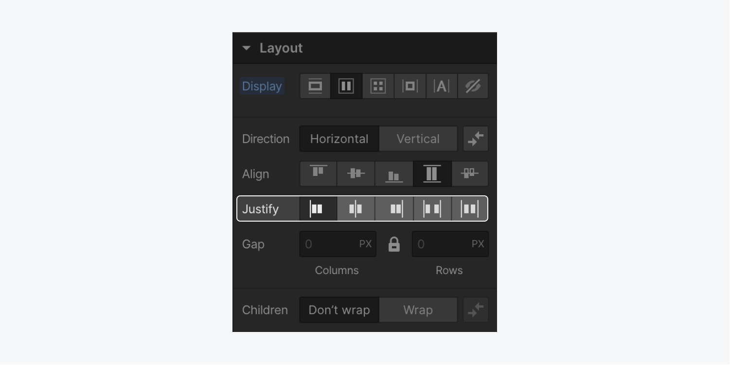 The flexbox horizontal alignment options are highlighted in the Layout section of the Style panel.