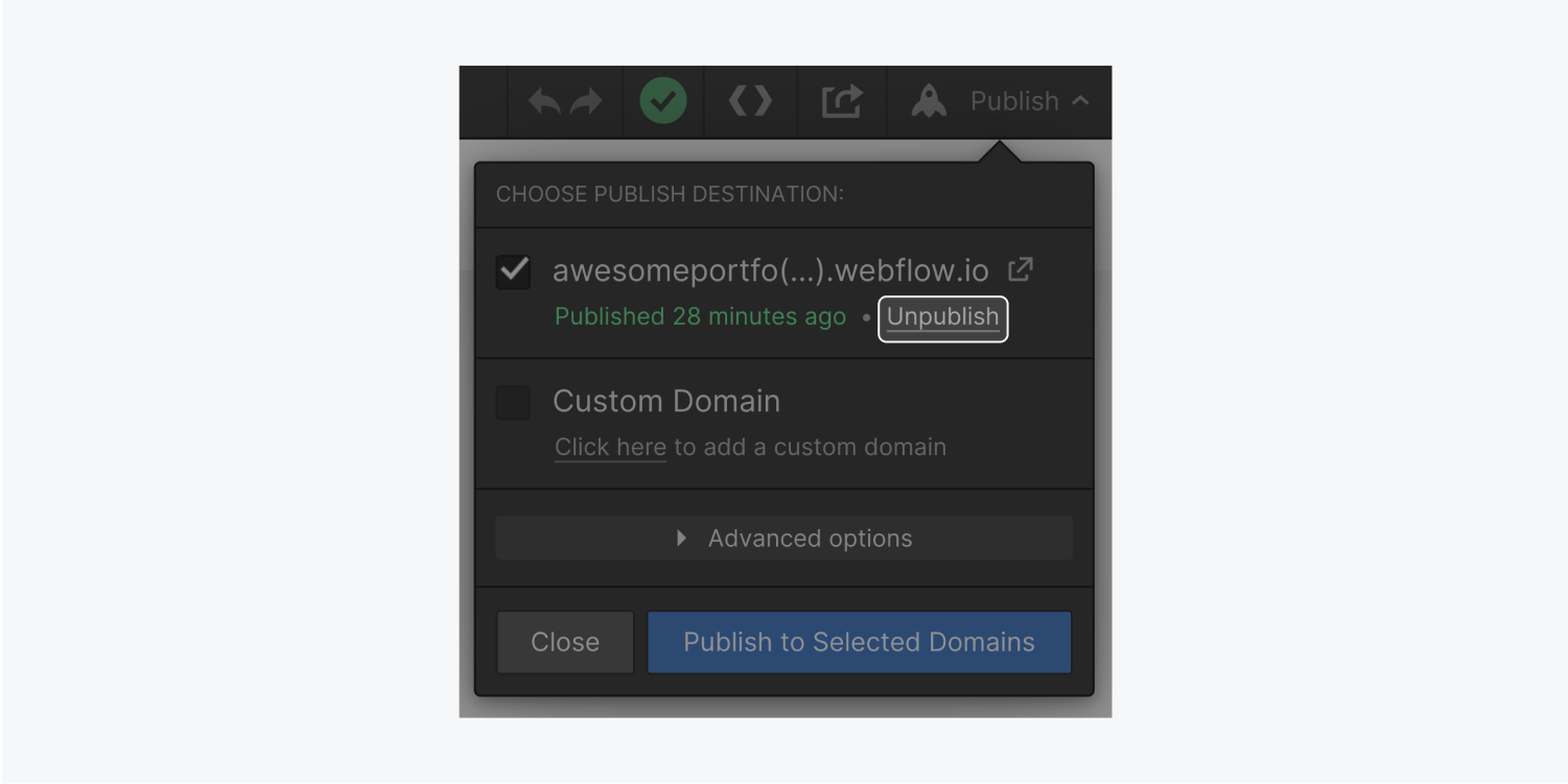 The publish modal window in the Designer includes a Unpublish button (highighted) under the domain address.