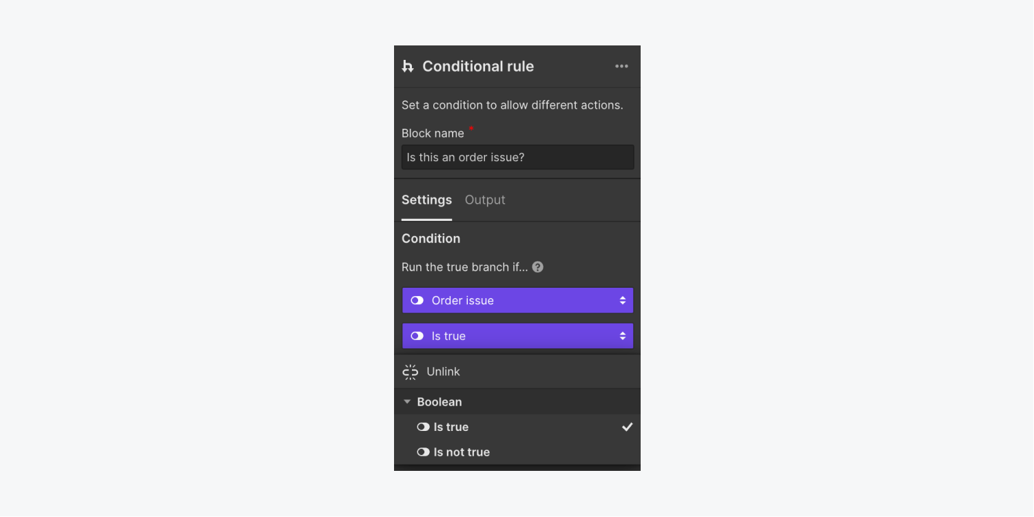 The Select logic dropdown in Conditional rule settings allows you to select a type of logic to create a conditional rule.