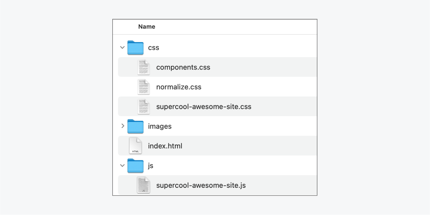 A Webflow site’s exported CSS, HTML, and JS files. There are no references to Webflow in the file names. 