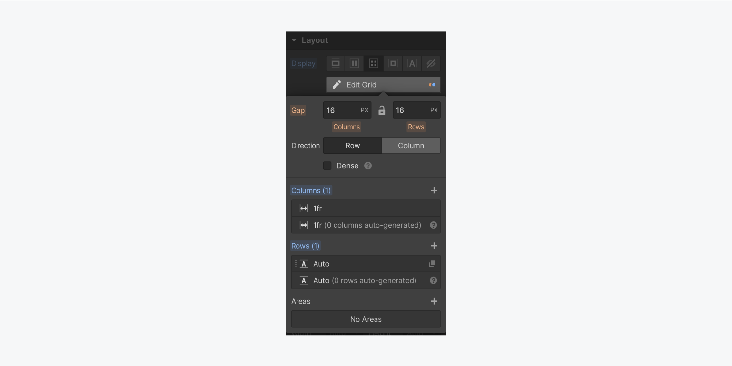 The edit grid settings panel includes input fields for the gap size of the columns and rows, direction options and sections to add columns and rows. There is also an Areas section with a plus icon to add a new one.