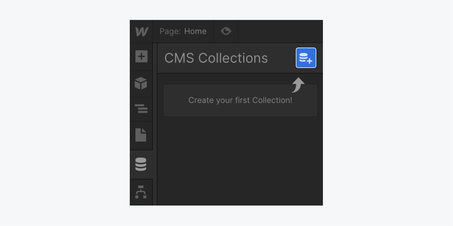 The “Create new Collection” icon is highlighted in the CMS Collections panel.