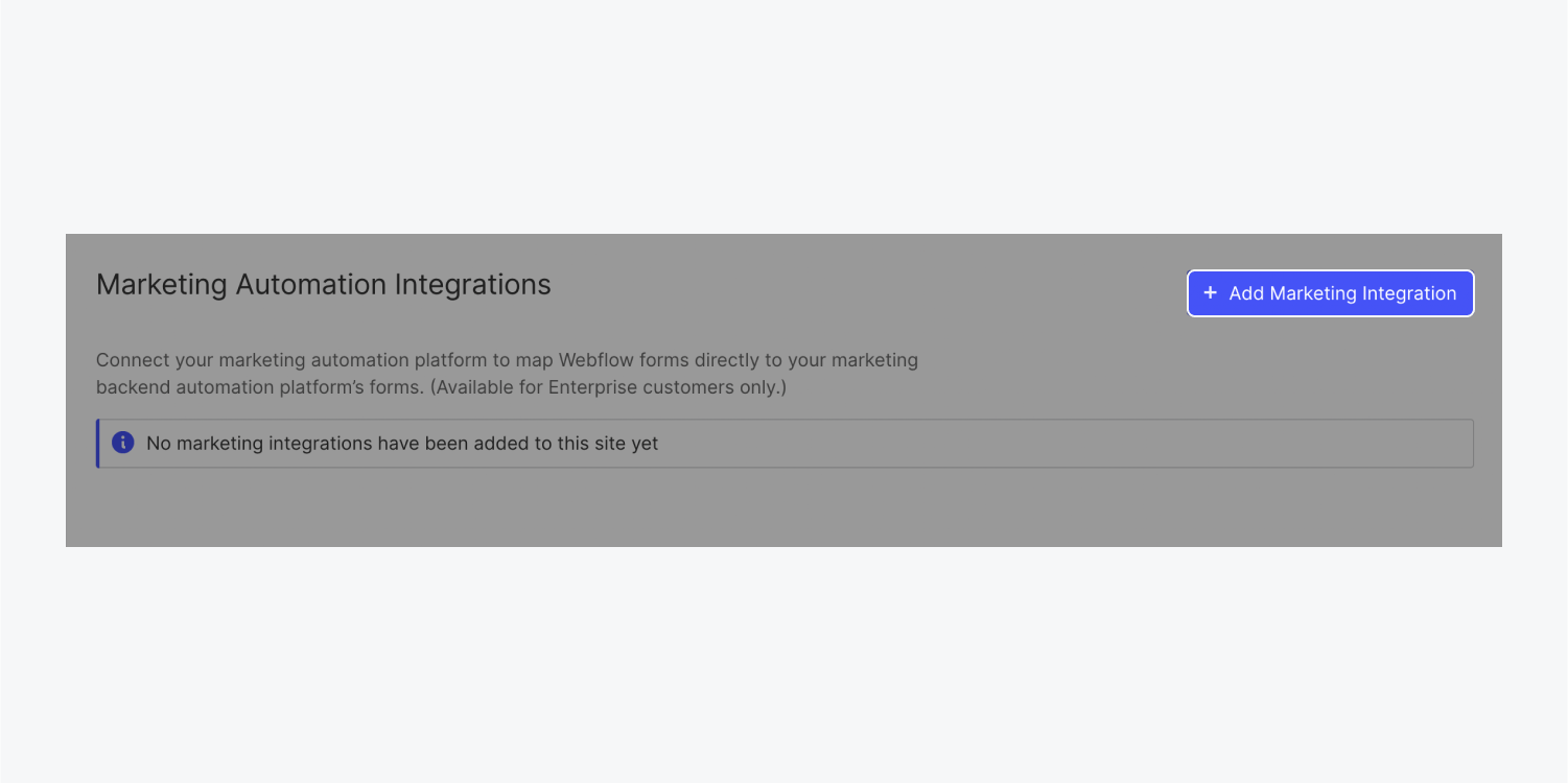 The “Add marketing integration” button is highlighted in the Marketing automation integrations section.