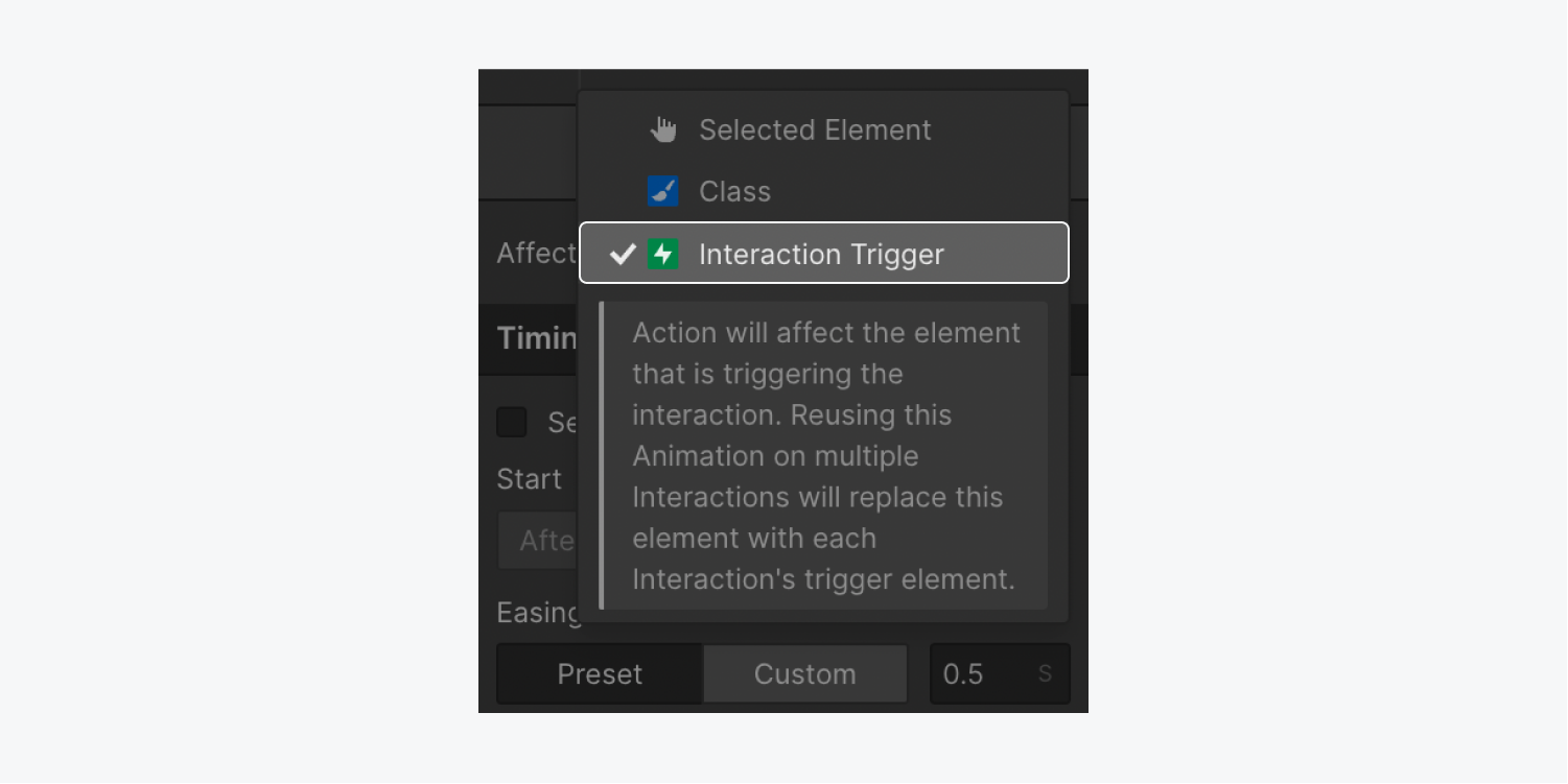 The Interaction trigger option is highlighted in the Affect menu.