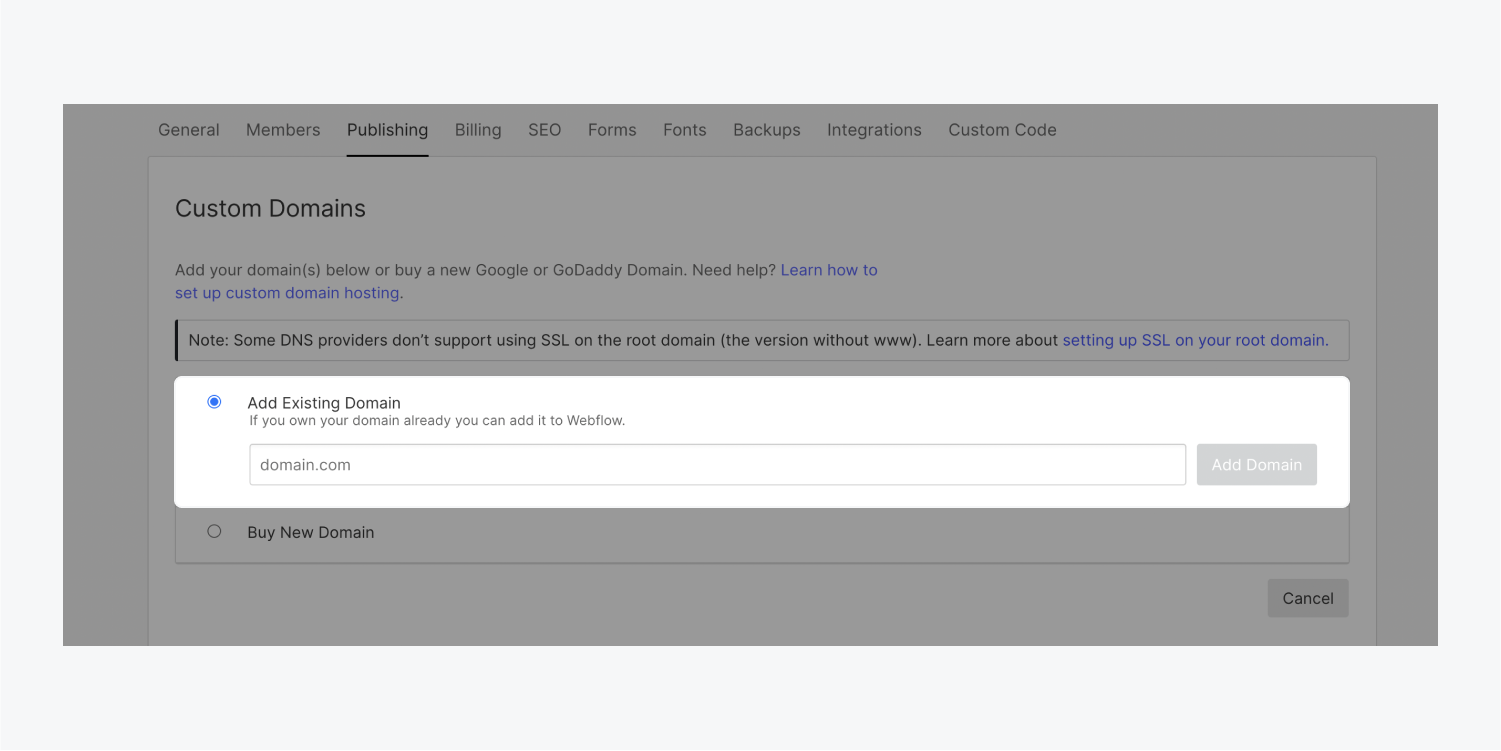The “Add existing domain” option is highlighted in the Custom domains section of the Publishing tab.