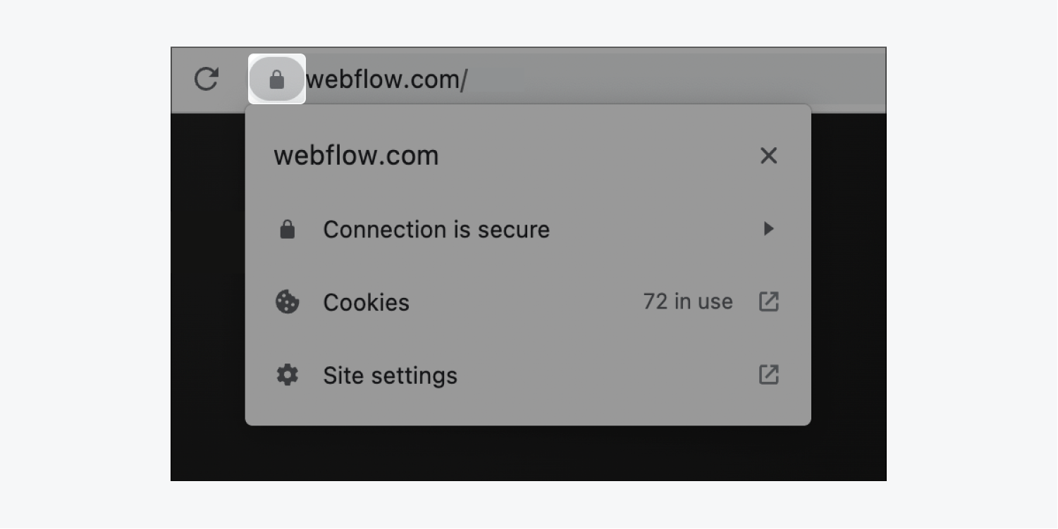 Clicking the “lock” icon in the Chrome URL bar shows a modal explaining that the connection is secure.