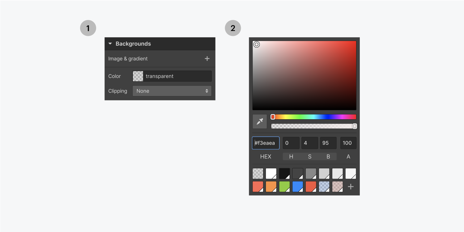 Step one on the left select the color button to open up the color picker, step 2 on the right, select the background color of your choice.