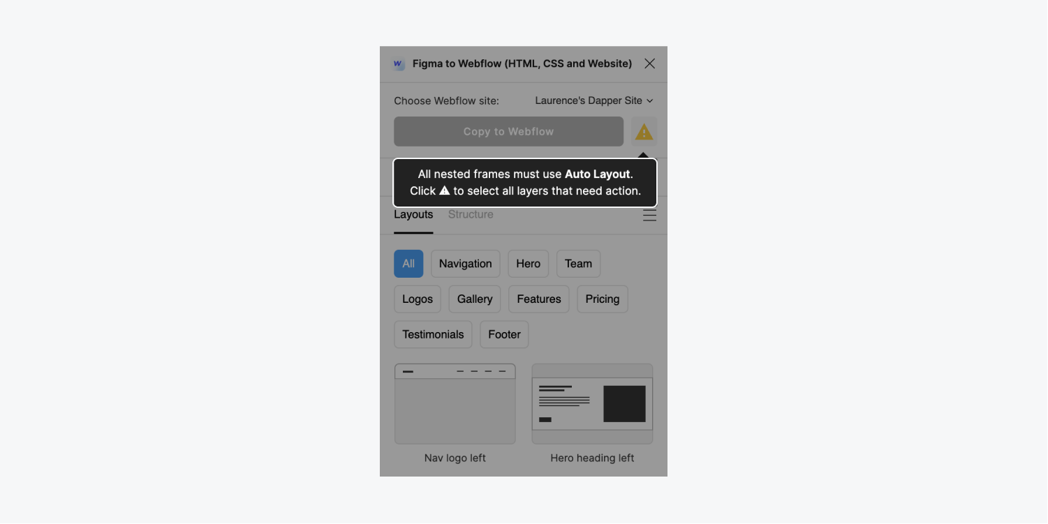 The warning in the plugin modal explains that all nested frames must use auto layout.