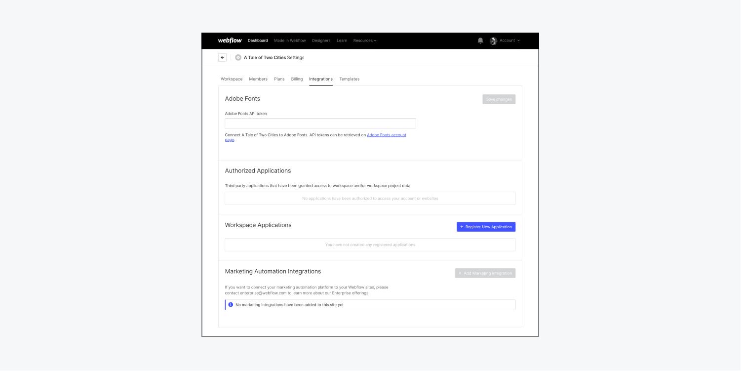 The settings in the Integrations tab of a Workspace’s settings are shown.