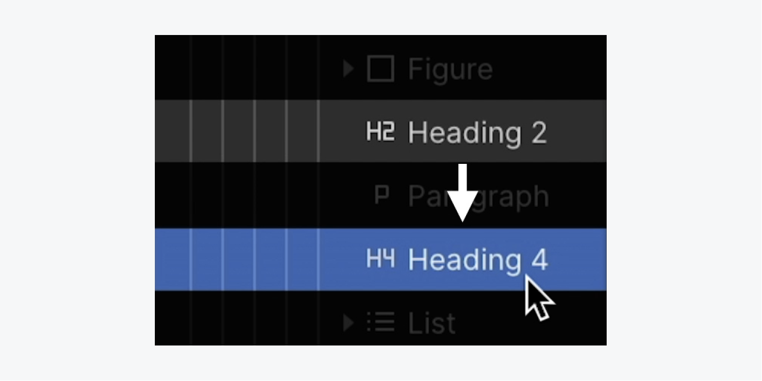 In the Navigator, an H2 Heading and an H4 Heading appear next to each other, indicating that the H3 level heading was skipped.