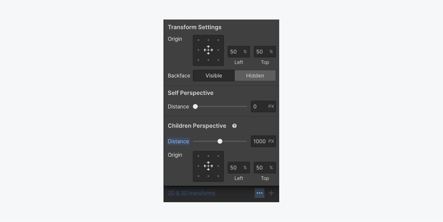 In the Transform Settings of the 2D & 3D transforms section, the Children perspective distance is set to 1000 pixels.