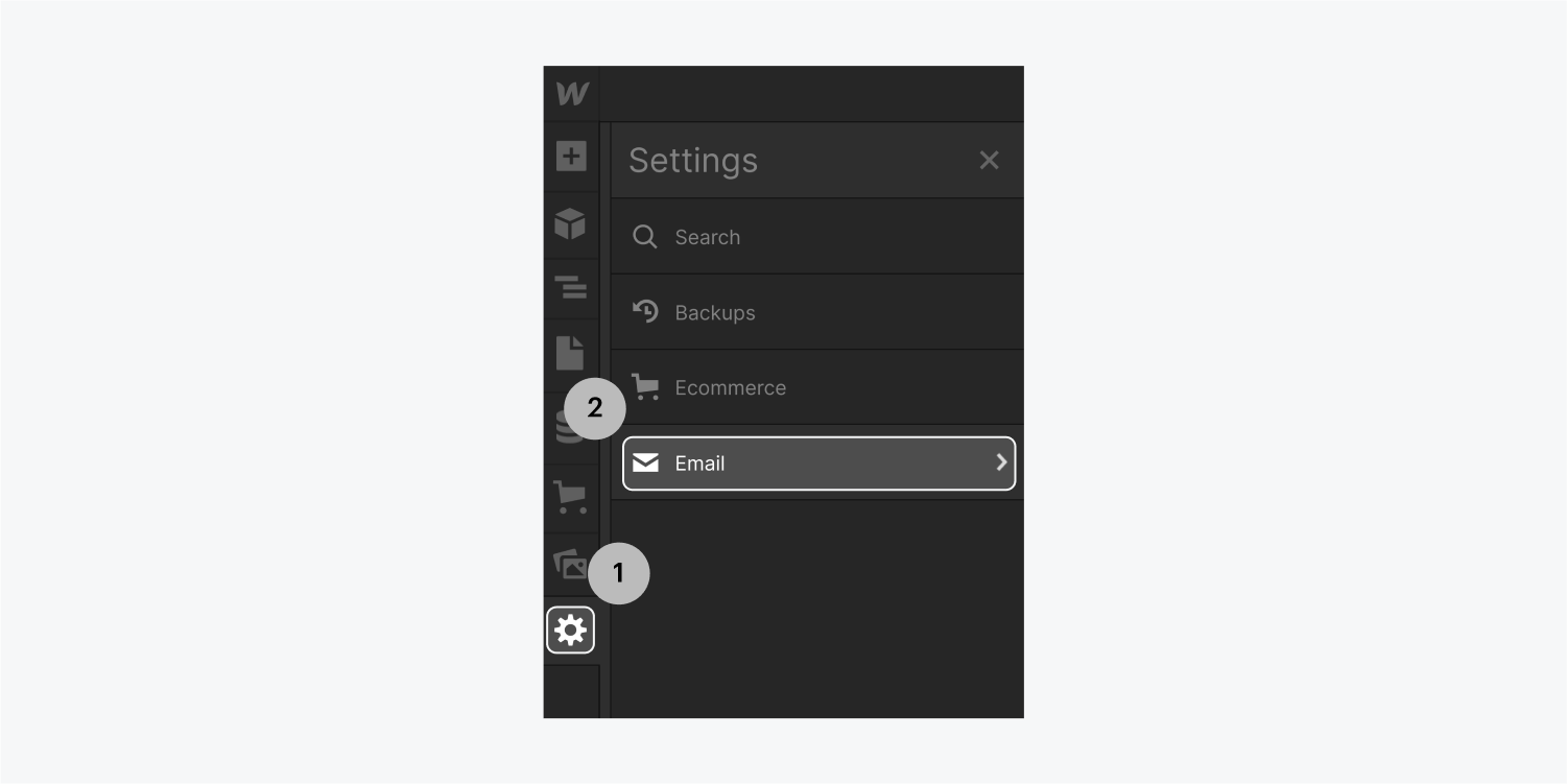 Steps 1 and 2 are highlighted on the settings panel. 