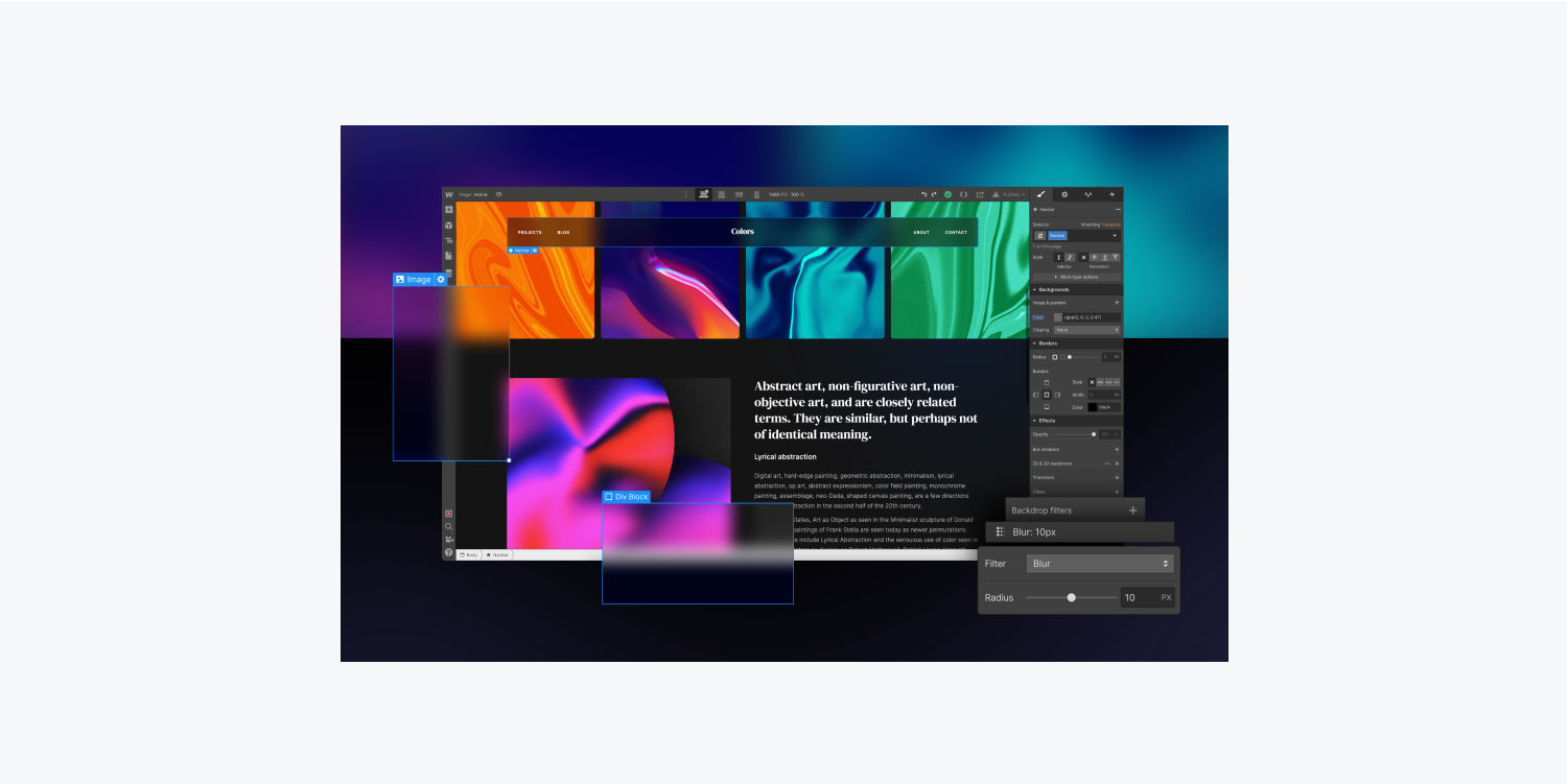 A montage of backdrop filters effects in the Webflow Designer, including blur, is shown against a colorful backdrop. 