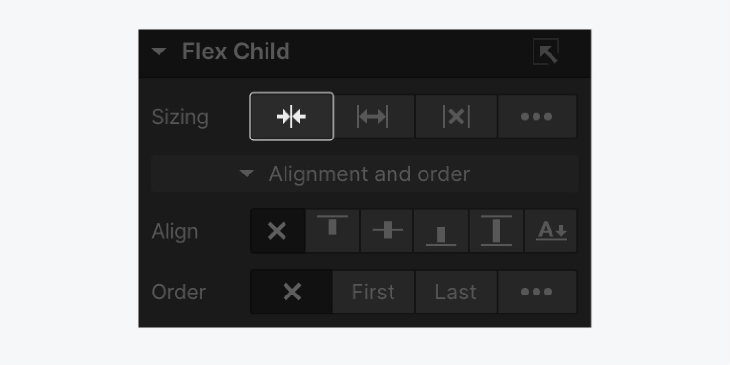 The shrink option is shown in the Flex child section of the Style panel.