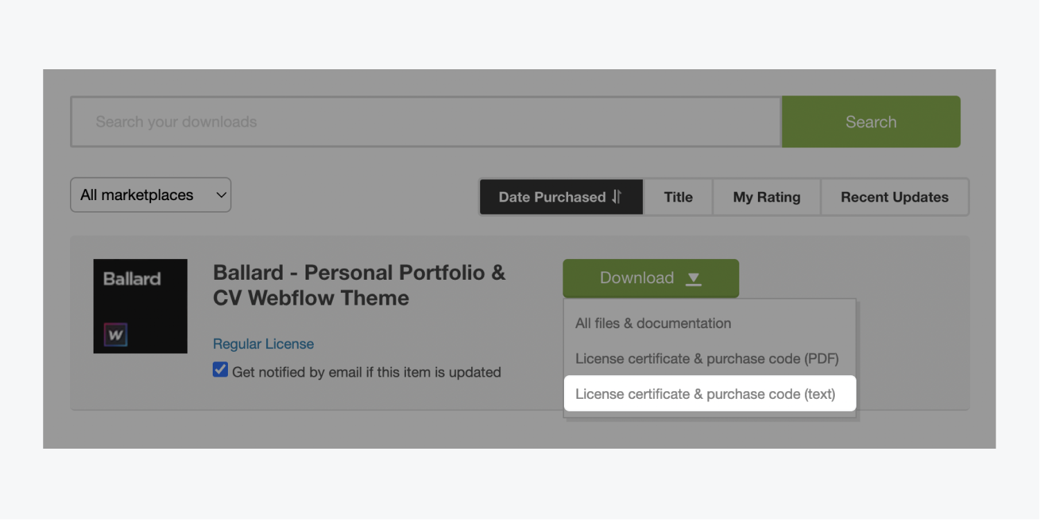 The “License certificate & purchase code (text)” option is highlighted in the Download dropdown.