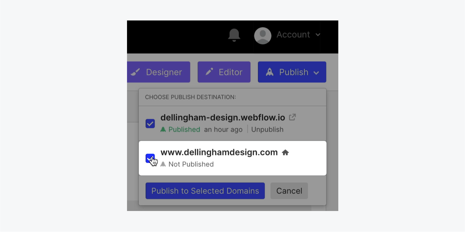 The custom domain checkbox is checked in the Publish dropdown.