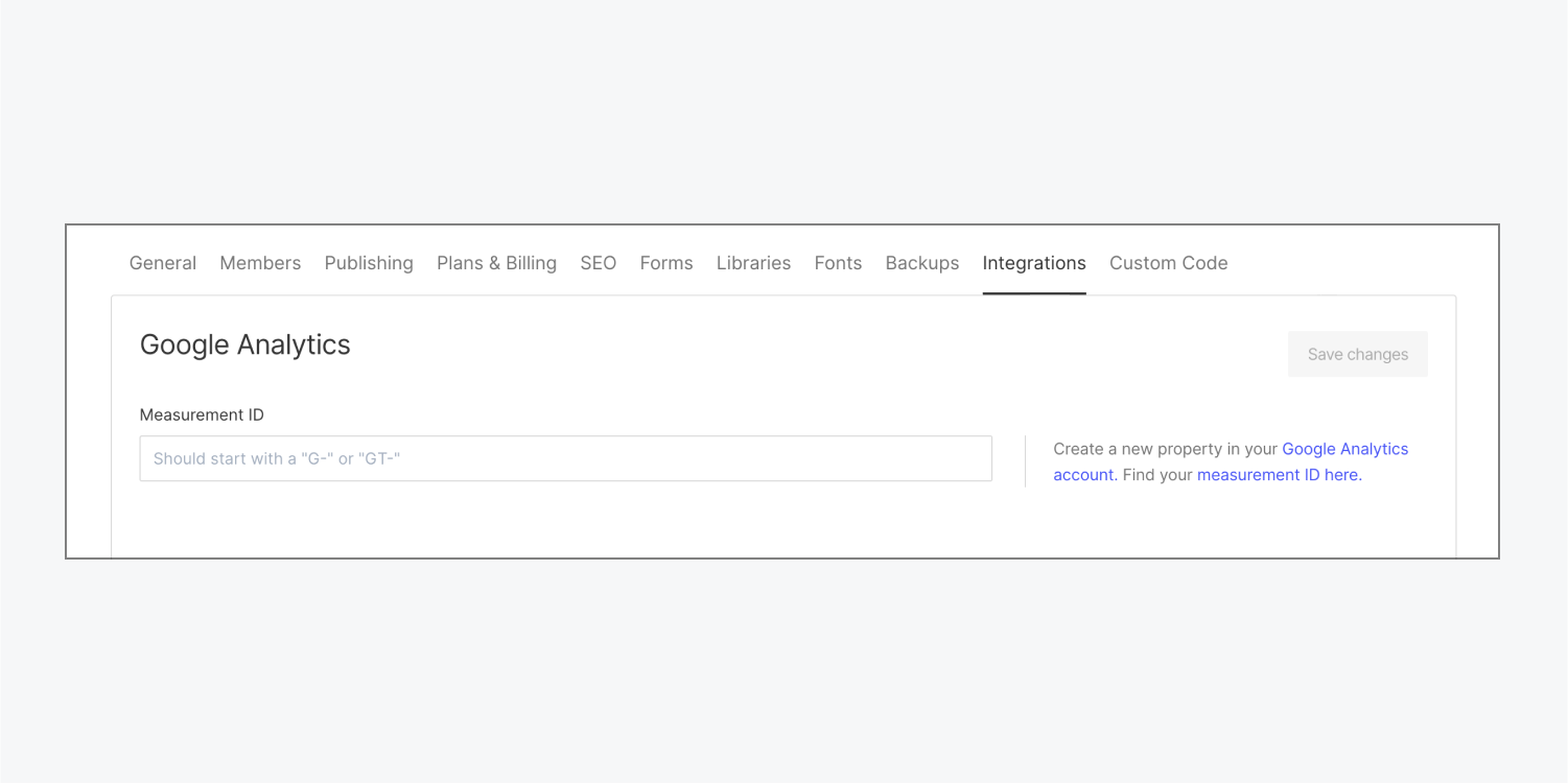 An empty Measurement ID field in the Google Analytics section of the Integrations tab.