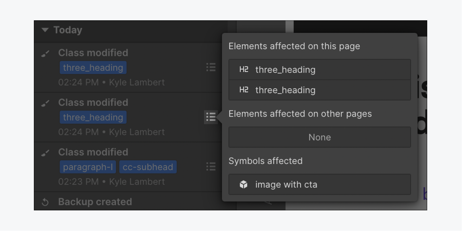 A modal showing elements affected on this page, elements affected on other pages, and Symbols affected is shown after clicking the list icon in the Site Activity log.